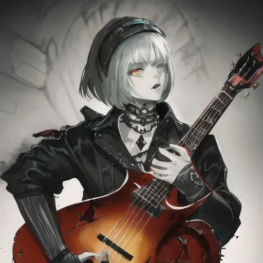 Female, grey skin, goth clothing, gothic tattoos, bard, cyberpunk-bob-cut, playing lute, dark, 4k, beautiful, color_scheme: black and red, fantasy