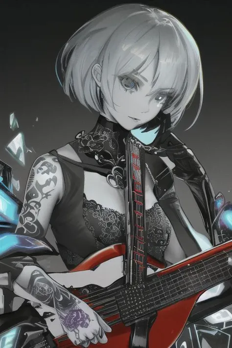 Female, grey skin, goth clothing, gothic tattoos, bard, cyberpunk-bob-cut, playing lute, dark, 4k, beautiful, color_scheme: black and red, fantasy