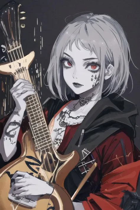 Female, grey skin, goth clothing, gothic tattoos, bard, cyberpunk-bob-cut, playing lute, dark, 4k, beautiful, color_scheme: black and red, fantasy