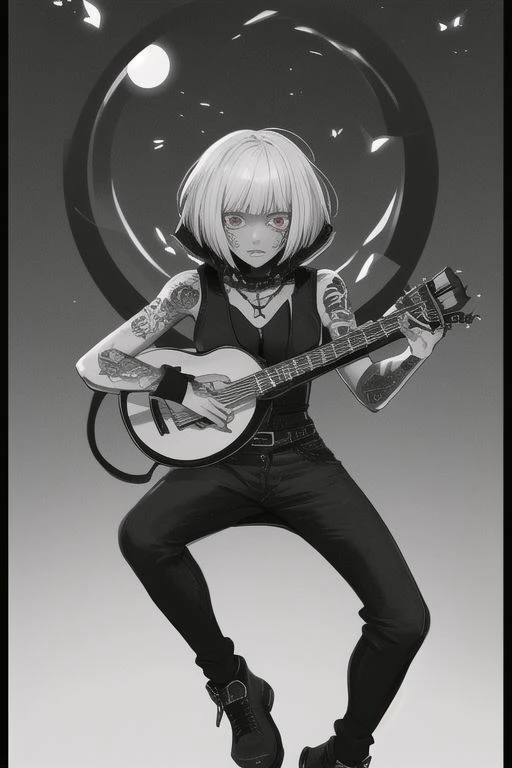 Female, grey skin, goth clothing, gothic tattoos, bard, cyberpunk-bob-cut, playing lute, dark, 4k, beautiful, color_scheme: black and red, fantasy