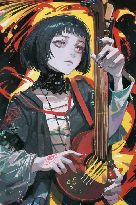 Female, grey skin, goth clothing, gothic tattoos, bard, cyberpunk-bob-cut, playing lute, dark, 4k, beautiful, color_scheme: black and red, fantasy