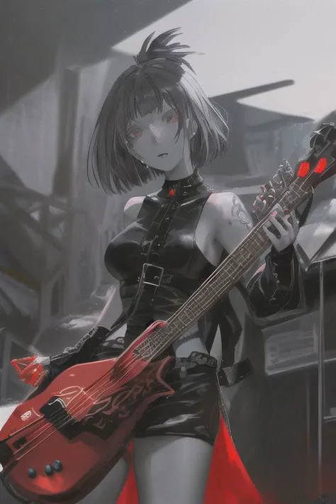Female, grey skin, goth clothing, gothic tattoos, bard, cyberpunk-bob-cut, playing lute, dark, 4k, beautiful, color_scheme: black and red, fantasy