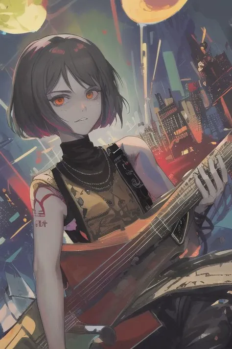 Female, grey skin, goth clothing, gothic tattoos, bard, cyberpunk-bob-cut, playing lute, dark, 4k, beautiful, color_scheme: black and red, fantasy