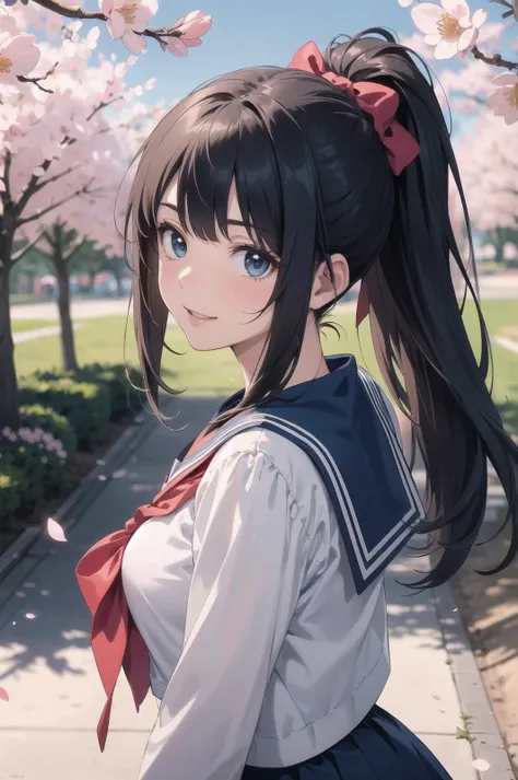 sfw,masterpiece, (best quality, ultra-detailed:1.6), (ultra high res:1.5),super fine (anime),(sharp focus), (insanely detailed:1.3),(detailed face:1.1),(perfect anatomy), delicate (cel animation),
from side view,Angle from above, 1 anime cute girl 17yo,JK,(cute face:1.1),medium breasts, brown hair, ponytail,pink bow,happy smile,(Spring, flower blooming,looking up cherry blossoming,petal:1.3),in high school,school gate, no holding,outdoor,beautiful (long sleeve (dark blue) winter highschool serafuku, (dark blue) skirt:1.3),ribon tie,white thighhigh, cowboy shot,