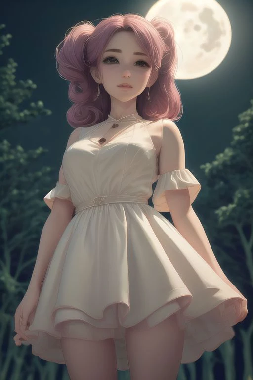 Girls wearing square neck dresses are in a park with a full moon and night view at night