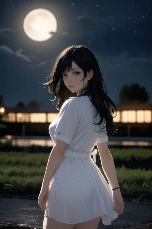 A girl with long black hair wearing a square neck dress is in a park with a full moon and night view at night.