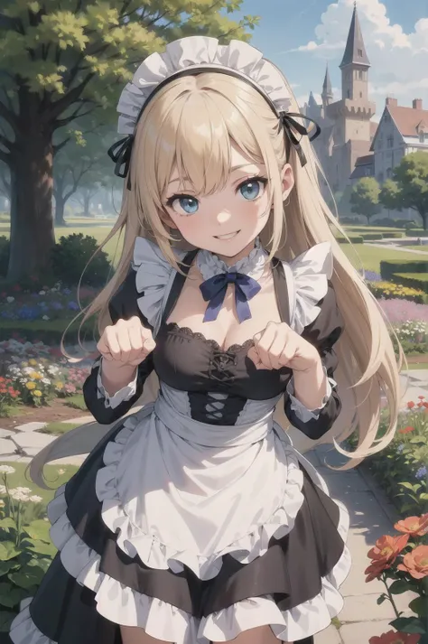 masterpiece, (best quality, ultra-detailed:1.6), (ultra high res:1.5),super fine (anime drawing),(sharp focus), (insanely detailed:1.3),(detailed face:1.1),(perfect anatomy), delicate drawn (cel animation),
from front view,(chibi:1.6),1 anime cute girl,(cute face:1.1),sexy body, sexy large breasts, blonde straight hair,ice blue eyes, (tareme:1.4), kindly (shy smile:1.2),;D,(flower blooming castle garden scape:1.3),no holding,outdoor,(frilly victorian maid costume:1.4),(maid headdressï¼1.2),(cute paw pose:1.2),