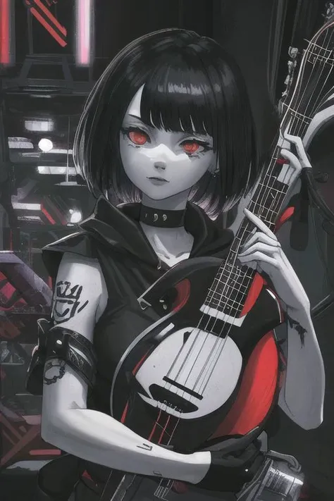 Female, grey skin, goth clothing, gothic tattoos, bard, cyberpunk-bob-cut, playing lute, dark, 4k, beautiful, color_scheme: black and red, fantasy