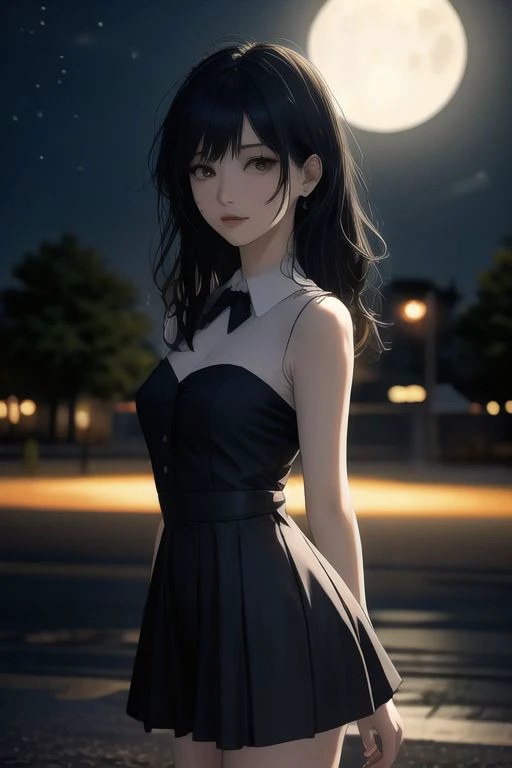 A girl with long black hair wearing a square neck dress is in a park with a full moon and night view at night.