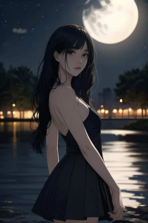 A girl with long black hair wearing a square neck dress is in a park with a full moon and night view at night.