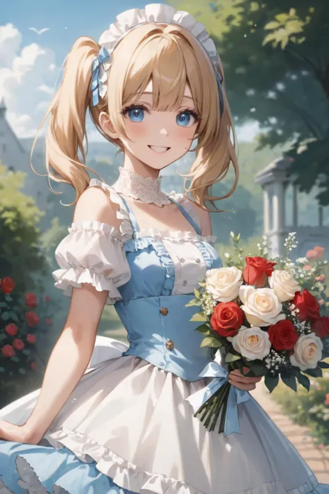 from front view,medium shot, 1 cute young sister,(cute face:1.1),cute body, medium breasts,blonde short twin tails hair,ice blue eyes, (tarem),(happy smile,;D:1.2),(roses gardenscape:1.3),both hands holding (beautiful wedding Bouquet), (beautiful decorated wrapped Bouquet red roses mixed few gypsophila),outdoor,(frilly_ta dress:1.3),headdress,cowboy shot,snapshot,sfw, looking at viewer,
((masterpiece, best quality, ultra-detailed)), (ultra high res), (sharp focus), (insanely detailed), (perfect anatomy), (detailed face),<lora:neg4all_bdsqlsz_xl_V91:1>