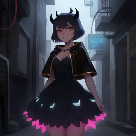 best quality,masterpiece, (secre, horns,black capelet, black dress, looking at viewer,dark alley,night,neon lights <lora:secre-nvwls-v1:0.9>