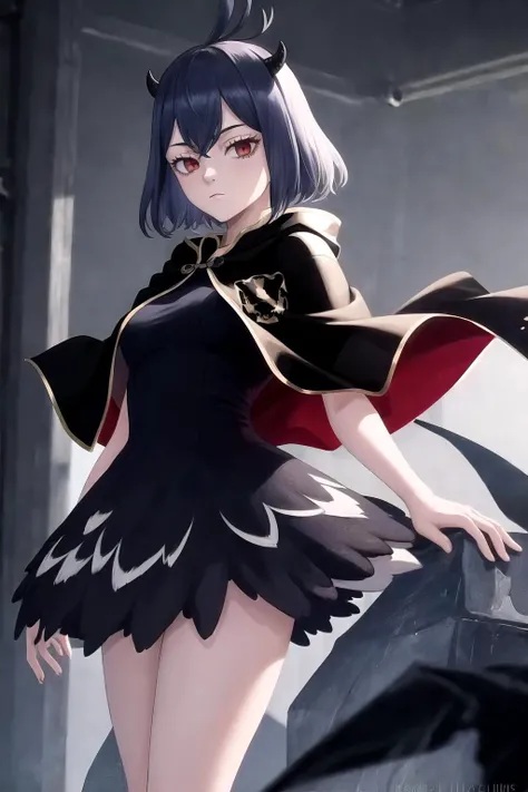 best quality, 1girl, <lora:secre-nvwls-v1:1>, secre, horns, black capelet, black dress