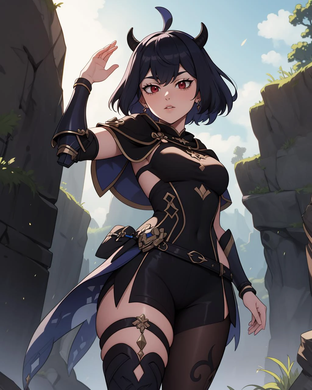 1girl, solo, photogenic adult mature woman, age 30, standing,high quality, best quality, high detail, highres, 4k 8k, shadows, <lora:Char_bclover-SecreSwallowtailNero:0.85> secre, horns, black capelet, dark hair, Adventurer in the style of Genshin Impact, (exotic beautiful armor), mystical landscape, dynamic pose, vibrant colors, epic fantasy, cel shaded, ((complicated costume)) detailed, 8k resolution,
<lora:Outfit_GenshinStyle:1> wrench_genshin_style