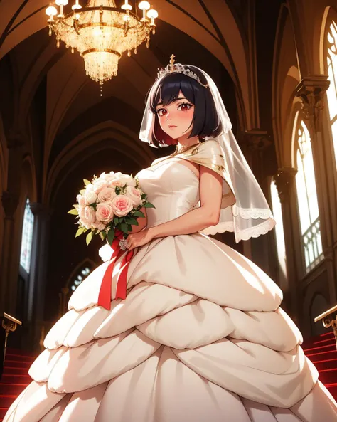 1girl, solo, photogenic adult mature woman, age 30, standing,high quality, best quality, high detail, highres, 4k 8k, shadows, indoors, grand hall, <lora:Char_bclover-SecreSwallowtailNero:0.8> secre, horns, black capelet, blushing bride in ((exotic rich sumptuous wedding ballgown)), veil, tiara, delicate lace, ivory and white theme, stained class cathedral, rim lighting,lighting contrast, rose petal, godrays, romantic, bouquet, vaulted ceiling backdrop, detailed, 8k resolution,