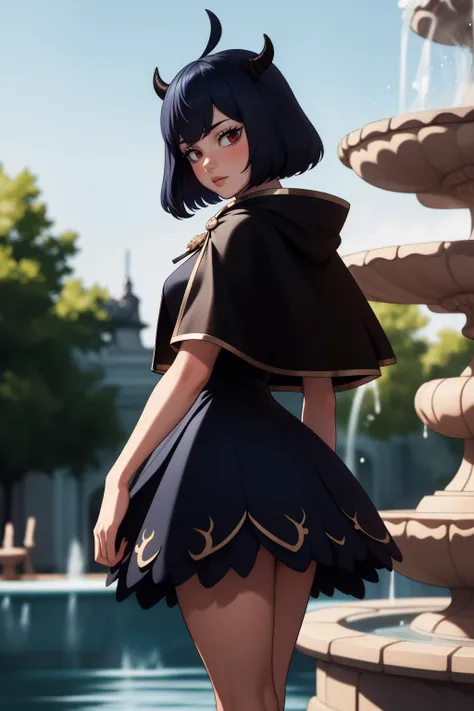 1girl, solo, photogenic adult mature woman, age 30, Standing S-shape,high quality, best quality, high detail, highres, 4k 8k, shadows, outdoors, fountain,   <lora:Char_bclover-SecreSwallowtailNero:0.8> secre, horns, black capelet, black dress