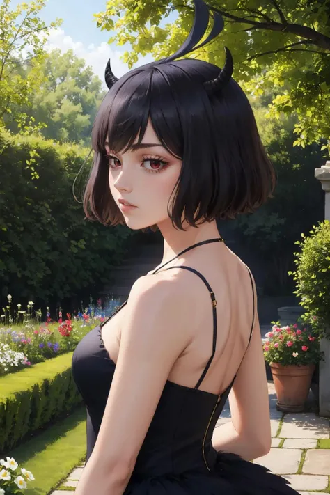 (masterpiece, best quality), intricate details, 1girl, solo, Nero, black hair, short hair, ahoge, red eyes, horns, outdoors, tank top dress, black dress, cleavage, expressionless, looking at viewer,