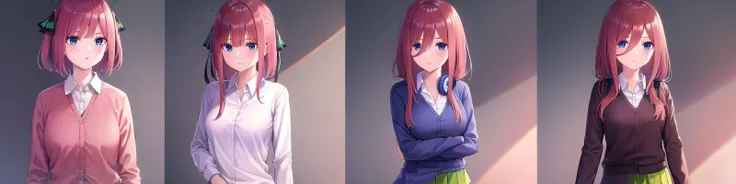 ((ultra-detailed)), ((illustration)), 2girls,
AND <lora:ninonakano-lora-nochekaiser:1>, 2girls, nino nakano, short hair, bangs, blue eyes, hair ornament, hair ribbon, pink hair, blunt bangs, two side up, butterfly hair ornament, skirt, shirt, long sleeves, white shirt, pleated skirt, open clothes, collared shirt, sleeves past wrists, dress shirt, cardigan, green skirt, open cardigan, black cardigan,
AND <lora:mikunakanotest:1>, 2girls, miku nakano, long hair, bangs, blue eyes, brown hair, shirt, hair between eyes, headphones, cardigan, headphones around neck, skirt, shirt, long sleeves, white shirt, pantyhose, pleated skirt, black pantyhose, cardigan, green skirt, blue cardigan,