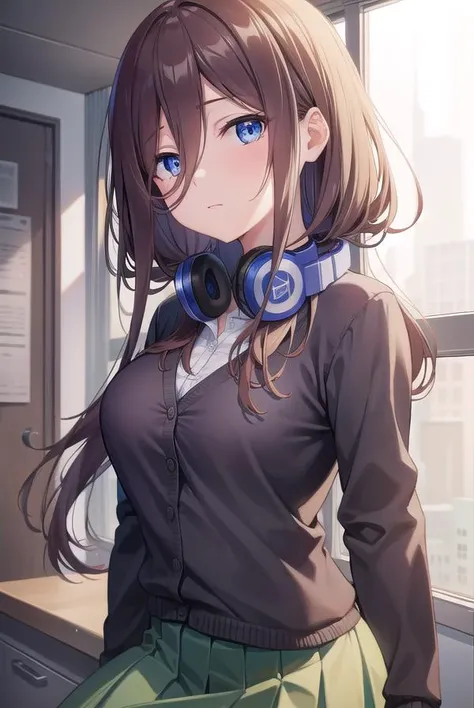 mikunakano, <lora:mikunakanotest:1>, miku nakano, long hair, bangs, blue eyes, brown hair, shirt, hair between eyes, headphones, cardigan, headphones around neck,
BREAK skirt, shirt, long sleeves, white shirt, pantyhose, pleated skirt, black pantyhose, cardigan, green skirt, blue cardigan,
BREAK indoors, classroom,
BREAK looking at viewer, BREAK <lora:GoodHands-vanilla:1>, (masterpiece:1.2), best quality, high resolution, unity 8k wallpaper, (illustration:0.8), (beautiful detailed eyes:1.6), extremely detailed face, perfect lighting, extremely detailed CG, (perfect hands, perfect anatomy),