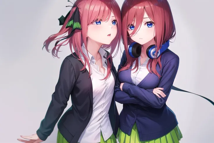 ((ultra-detailed)), ((illustration)), 2girls,
AND <lora:ninonakano-lora-nochekaiser:1>, 2girls, nino nakano, short hair, bangs, blue eyes, hair ornament, hair ribbon, pink hair, blunt bangs, two side up, butterfly hair ornament, skirt, shirt, long sleeves, white shirt, pleated skirt, open clothes, collared shirt, sleeves past wrists, dress shirt, cardigan, green skirt, open cardigan, black cardigan,
AND <lora:mikunakanotest:1>, 2girls, miku nakano, long hair, bangs, blue eyes, brown hair, shirt, hair between eyes, headphones, cardigan, headphones around neck, skirt, shirt, long sleeves, white shirt, pantyhose, pleated skirt, black pantyhose, cardigan, green skirt, blue cardigan,