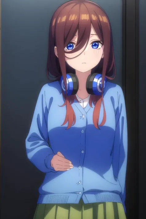 mikunakano, <lora:mikunakanospecial-lora-nochekaiser:1>, 
miku nakano, long hair, bangs, blue eyes, brown hair, shirt, hair between eyes, headphones, cardigan, headphones around neck,
BREAK skirt, shirt, long sleeves, white shirt, pantyhose, pleated skirt, black pantyhose, cardigan, green skirt, blue cardigan,
BREAK indoors, classroom,
BREAK looking at viewer, 
BREAK <lyco:GoodHands-beta2:1>, (masterpiece:1.2), best quality, high resolution, unity 8k wallpaper, (illustration:0.8), (beautiful detailed eyes:1.6), extremely detailed face, perfect lighting, extremely detailed CG, (perfect hands, perfect anatomy),