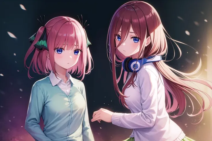 ((ultra-detailed)), ((illustration)), 2girls,
AND <lora:ninonakano-lora-nochekaiser:1>, 2girls, nino nakano, short hair, bangs, blue eyes, hair ornament, hair ribbon, pink hair, blunt bangs, two side up, butterfly hair ornament, skirt, shirt, long sleeves, white shirt, pleated skirt, open clothes, collared shirt, sleeves past wrists, dress shirt, cardigan, green skirt, open cardigan, black cardigan,
AND <lora:mikunakanotest:1>, 2girls, miku nakano, long hair, bangs, blue eyes, brown hair, shirt, hair between eyes, headphones, cardigan, headphones around neck, skirt, shirt, long sleeves, white shirt, pantyhose, pleated skirt, black pantyhose, cardigan, green skirt, blue cardigan,