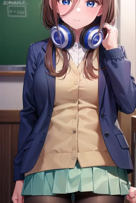 mikunakano, <lora:mikunakano-lora-nochekaiser:1>,
miku nakano, long hair, bangs, blue eyes, brown hair, shirt, hair between eyes, headphones, cardigan, headphones around neck, <lora:yudedako_v100:1>, embarrassed,
BREAK skirt, shirt, long sleeves, white shirt, pantyhose, pleated skirt, black pantyhose, cardigan, green skirt, blue cardigan,
BREAK looking at viewer,
BREAK indoors, classroom,
BREAK <lyco:GoodHands-beta2:1>, (masterpiece:1.2), best quality, high resolution, unity 8k wallpaper, (illustration:0.8), (beautiful detailed eyes:1.6), extremely detailed face, perfect lighting, extremely detailed CG, (perfect hands, perfect anatomy),