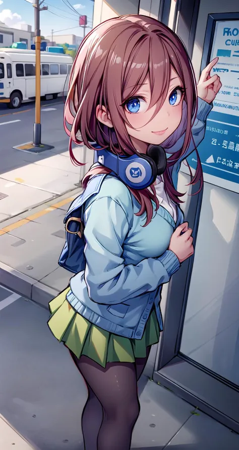 (masterpiece),(intricate details),1girl,mature female,large breasts
BREAK
mikunakano, <lora:mikunakanotest:1>, miku nakano, long hair, bangs, blue eyes, brown hair, shirt, hair between eyes, headphones, cardigan, headphones around neck, BREAK skirt, shirt, long sleeves, white shirt, pantyhose, pleated skirt, black pantyhose, cardigan, green skirt, blue cardigan,
barefoot,depth of field,looking at viewer,random view,((standing on the , motel_room,)),((upper body)),polka dot panties,smirk
BREAK
day,sun,rainbow,bus stop,((cumulonimbus)),from above:1.1,