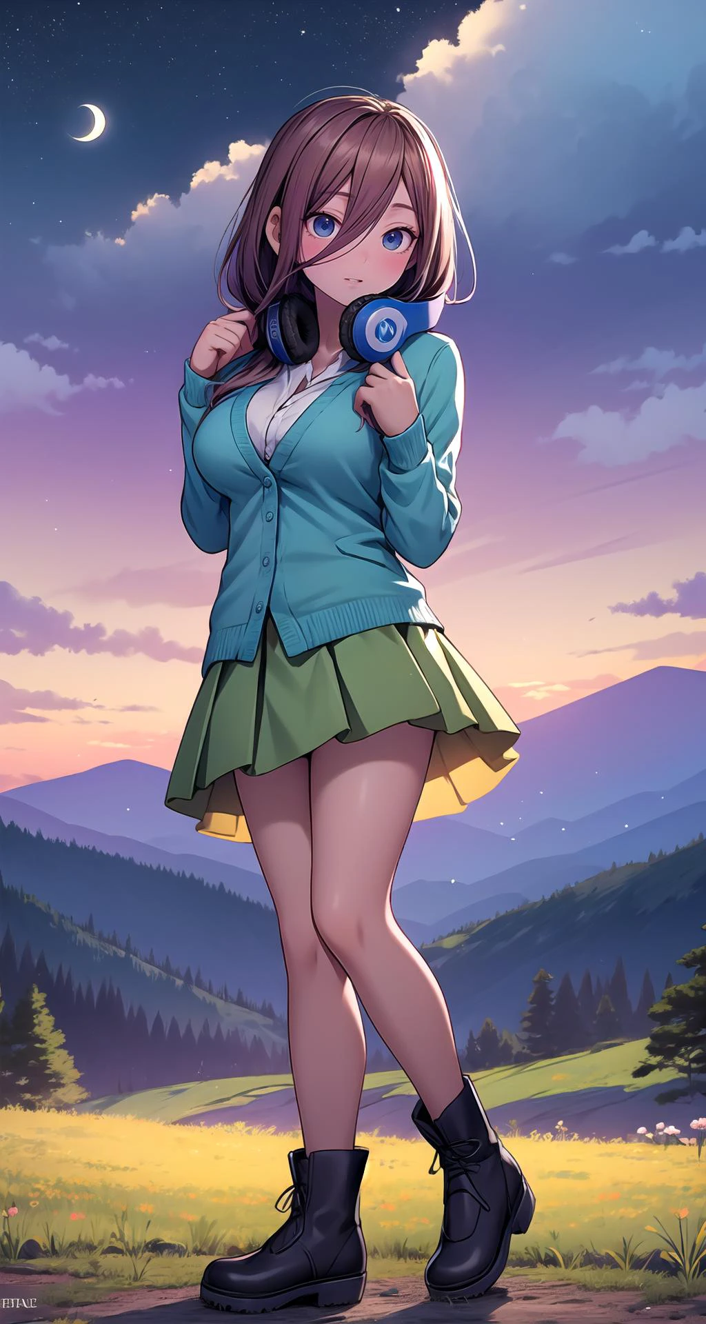 (masterpiece),(intricate details),1girl,mature female,pale skin,large breasts:1.49,shameful _face,
BREAK
mikunakano, <lora:mikunakanotest:1>, miku nakano, long hair, bangs, blue eyes, brown hair, shirt, hair between eyes, headphones, cardigan, headphones around neck, BREAK skirt, shirt, long sleeves, white shirt, pantyhose, pleated skirt, black pantyhose, cardigan, green skirt, blue cardigan|,
((reclining on the A breathtaking sunset paints the sky with a symphony of warm hues, casting a golden glow over the landscape, while the world holds its breath to witness nature's masterpiece.)),((full body)),from below:1.3,depth of field,looking at viewer
BREAK
moon,night,meteor,cinematic lighting,((cumulonimbus)),<lora:Tsurime3:1>