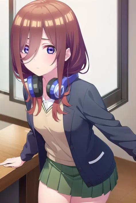 mikunakano, <lora:miku nakano s2-lora-nochekaiser:1>,
miku nakano, long hair, bangs, blue eyes, brown hair, shirt, hair between eyes, headphones, cardigan, headphones around neck,
BREAK skirt, shirt, long sleeves, white shirt, pantyhose, pleated skirt, black pantyhose, cardigan, green skirt, blue cardigan,
BREAK indoors, classroom,
BREAK looking at viewer,
BREAK <lyco:GoodHands-beta2:1>, (masterpiece:1.2), best quality, high resolution, unity 8k wallpaper, (illustration:0.8), (beautiful detailed eyes:1.6), extremely detailed face, perfect lighting, extremely detailed CG, (perfect hands, perfect anatomy),
