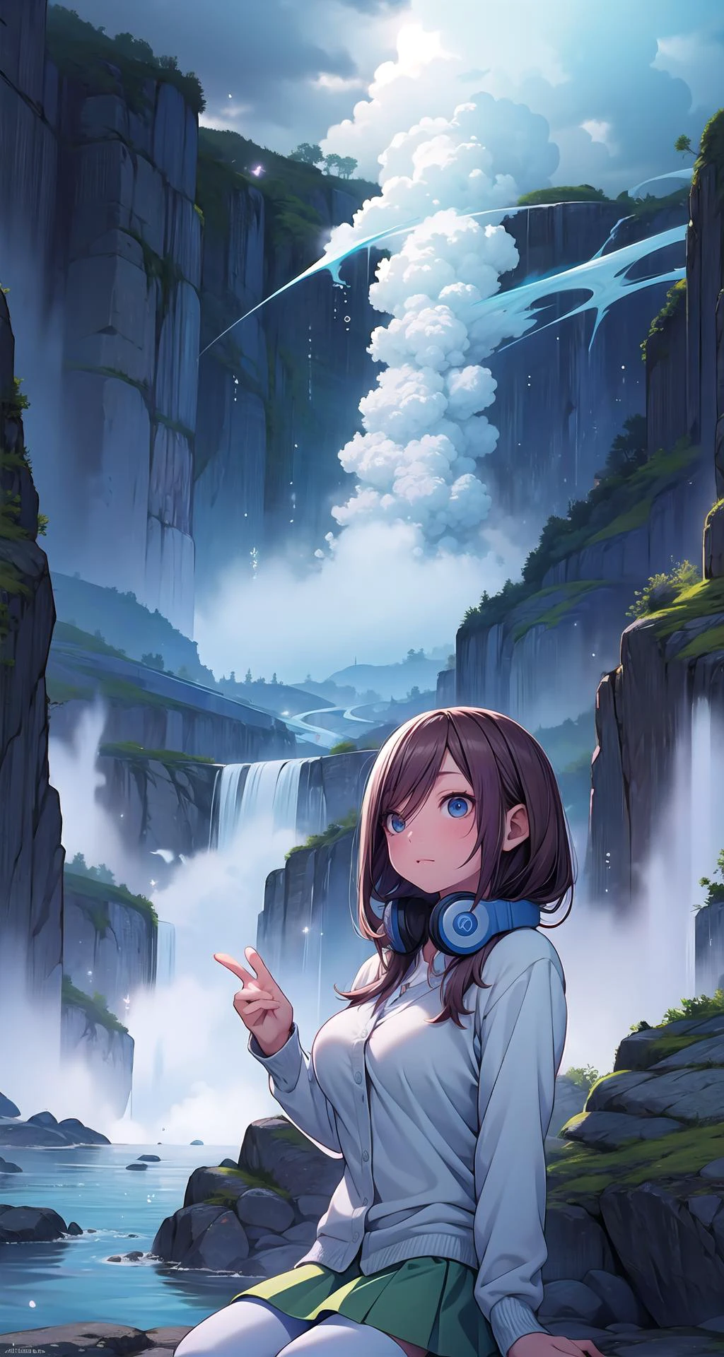 (masterpiece),(intricate details),1girl,mature female,pale skin,huge breasts:1.49,pale _face,
BREAK
mikunakano, <lora:mikunakanotest:1>, miku nakano, long hair, bangs, blue eyes, brown hair, shirt, hair between eyes, headphones, cardigan, headphones around neck, BREAK skirt, shirt, long sleeves, white shirt, pantyhose, pleated skirt, black pantyhose, cardigan, green skirt, blue cardigan|,
((sit on the An otherworldly landscape emerges, with geothermal geysers erupting in a symphony of steam and water, creating an ethereal atmosphere where the Earth's power is palpable.)),((upper body,portrait)),from below:1.3,depth of field,looking at viewer
BREAK
moon,night,meteor,cinematic lighting,((cumulonimbus)),