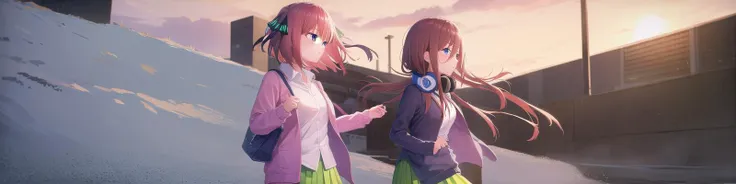((ultra-detailed)), ((illustration)), 2girls,
AND <lora:ninonakano-lora-nochekaiser:1>, 2girls, nino nakano, short hair, bangs, blue eyes, hair ornament, hair ribbon, pink hair, blunt bangs, two side up, butterfly hair ornament, skirt, shirt, long sleeves, white shirt, pleated skirt, open clothes, collared shirt, sleeves past wrists, dress shirt, cardigan, green skirt, open cardigan, black cardigan,
AND <lora:mikunakanotest:1>, 2girls, miku nakano, long hair, bangs, blue eyes, brown hair, shirt, hair between eyes, headphones, cardigan, headphones around neck, skirt, shirt, long sleeves, white shirt, pantyhose, pleated skirt, black pantyhose, cardigan, green skirt, blue cardigan,