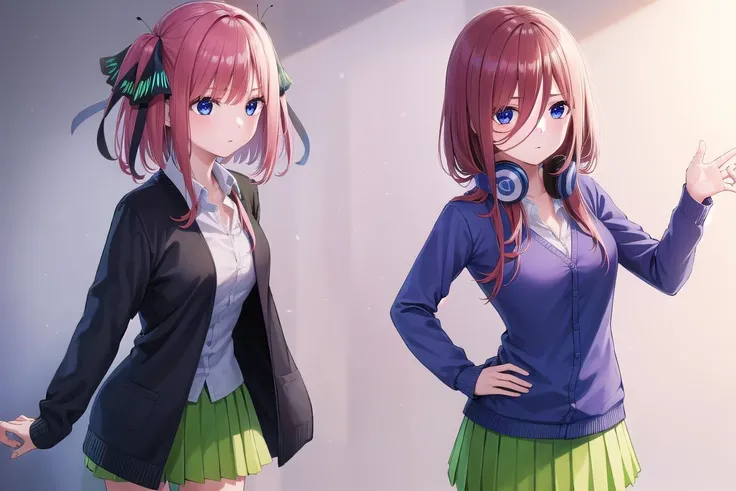 ((ultra-detailed)), ((illustration)), 2girls,
AND <lora:ninonakano-lora-nochekaiser:1>, 2girls, nino nakano, short hair, bangs, blue eyes, hair ornament, hair ribbon, pink hair, blunt bangs, two side up, butterfly hair ornament, skirt, shirt, long sleeves, white shirt, pleated skirt, open clothes, collared shirt, sleeves past wrists, dress shirt, cardigan, green skirt, open cardigan, black cardigan,
AND <lora:mikunakanotest:1>, 2girls, miku nakano, long hair, bangs, blue eyes, brown hair, shirt, hair between eyes, headphones, cardigan, headphones around neck, skirt, shirt, long sleeves, white shirt, pantyhose, pleated skirt, black pantyhose, cardigan, green skirt, blue cardigan,