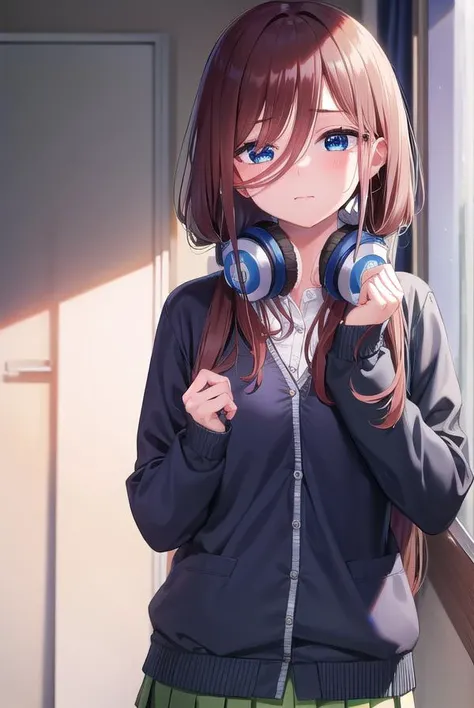 mikunakano, <lora:mikunakano-lora-nochekaiser:1>,
miku nakano, long hair, bangs, blue eyes, brown hair, shirt, hair between eyes, headphones, cardigan, headphones around neck, <lora:yudedako_v100:1>, embarrassed,
BREAK skirt, shirt, long sleeves, white shirt, pantyhose, pleated skirt, black pantyhose, cardigan, green skirt, blue cardigan,
BREAK looking at viewer,
BREAK indoors, classroom,
BREAK <lyco:GoodHands-beta2:1>, (masterpiece:1.2), best quality, high resolution, unity 8k wallpaper, (illustration:0.8), (beautiful detailed eyes:1.6), extremely detailed face, perfect lighting, extremely detailed CG, (perfect hands, perfect anatomy),