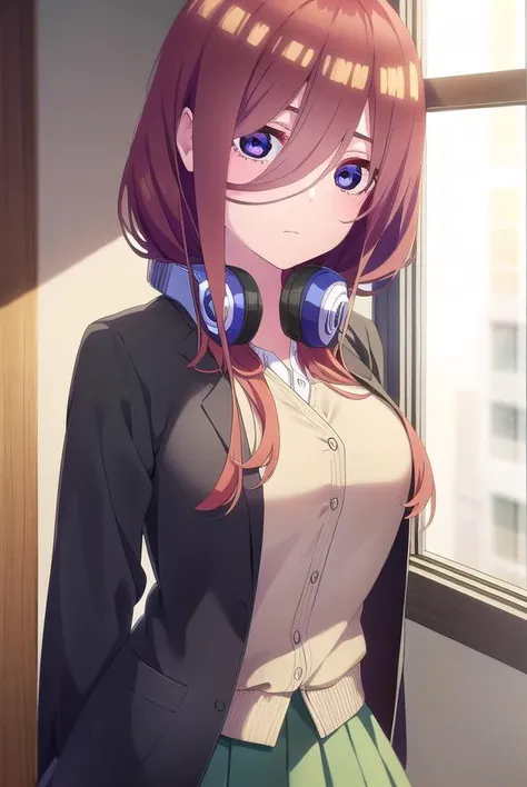 mikunakano, <lora:miku nakano s2-lora-nochekaiser:1>, 
miku nakano, long hair, bangs, blue eyes, brown hair, shirt, hair between eyes, headphones, cardigan, headphones around neck,
BREAK skirt, shirt, long sleeves, white shirt, pantyhose, pleated skirt, black pantyhose, cardigan, green skirt, blue cardigan,
BREAK indoors, classroom,
BREAK looking at viewer, 
BREAK <lyco:GoodHands-beta2:1>, (masterpiece:1.2), best quality, high resolution, unity 8k wallpaper, (illustration:0.8), (beautiful detailed eyes:1.6), extremely detailed face, perfect lighting, extremely detailed CG, (perfect hands, perfect anatomy),