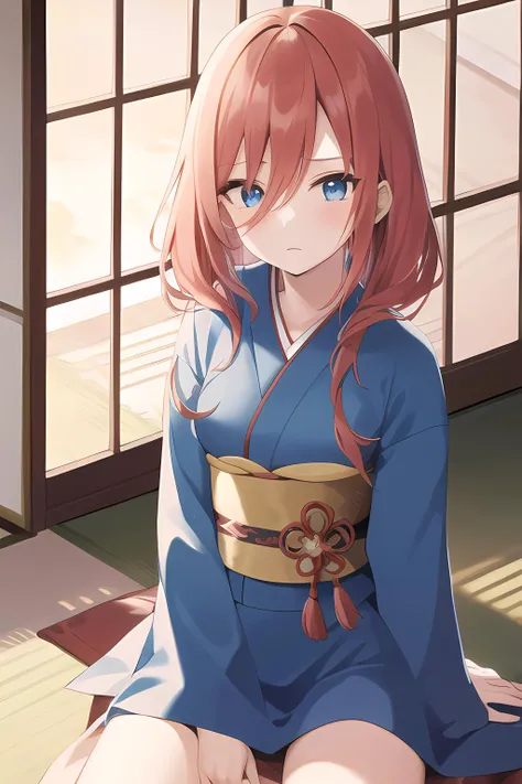 masterpiece, best quality, illustration, anime, highly detailed, clear image, 1girl, solo, (anime coloring:1.2),
miku nakano, long hair, bangs, blue eyes, hair between eyes, red hair,
furisode, blue furisode, red obi,
sitting, wariza, from above, looking up, expressionless, blush, hand between legs,
indoors, veranda, sunset, sun streak, japanese garden,
<lora:mikuNakano:0.7>, <lora:Kimono:0.8>, <lora:addMoreDetails:-0.2>