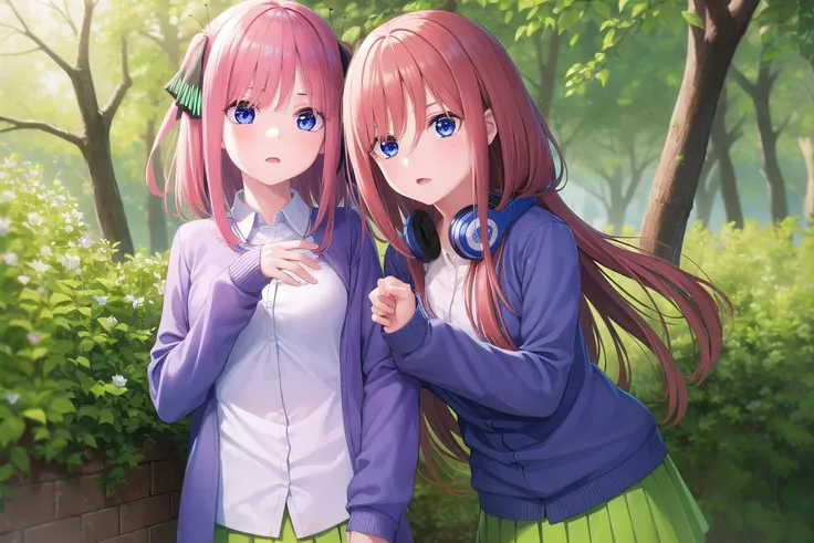 ((ultra-detailed)), ((illustration)), 2girls,
AND <lora:ninonakano-lora-nochekaiser:1>, 2girls, nino nakano, short hair, bangs, blue eyes, hair ornament, hair ribbon, pink hair, blunt bangs, two side up, butterfly hair ornament, skirt, shirt, long sleeves, white shirt, pleated skirt, open clothes, collared shirt, sleeves past wrists, dress shirt, cardigan, green skirt, open cardigan, black cardigan,
AND <lora:mikunakanotest:1>, 2girls, miku nakano, long hair, bangs, blue eyes, brown hair, shirt, hair between eyes, headphones, cardigan, headphones around neck, skirt, shirt, long sleeves, white shirt, pantyhose, pleated skirt, black pantyhose, cardigan, green skirt, blue cardigan,