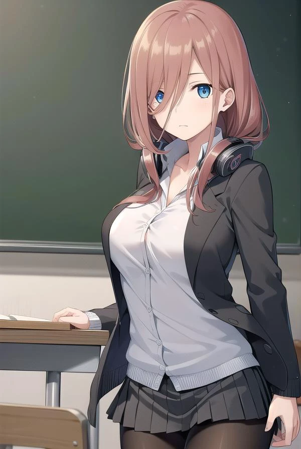 miku nakano, <lora:mikunakanochickeiii-lora-nochekaiser:1>,
miku nakano chicke iii, long hair, bangs, blue eyes, brown hair, hair between eyes, headphones, headphones around neck,
BREAK skirt, shirt, long sleeves, white shirt, pantyhose, pleated skirt, black pantyhose, cardigan, green skirt, blue cardigan,
BREAK indoors, classroom, school,
BREAK looking at viewer, (cowboy shot:1.5),
BREAK <lyco:GoodHands-beta2:1>, (masterpiece:1.2), best quality, high resolution, unity 8k wallpaper, (illustration:0.8), (beautiful detailed eyes:1.6), extremely detailed face, perfect lighting, extremely detailed CG, (perfect hands, perfect anatomy),