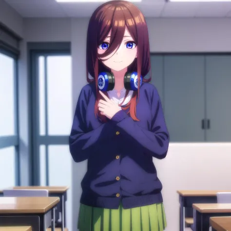 <lora:mikunakanospecial-lora-nochekaiser:1>, (((1girl))), smile,
miku nakano, long hair, bangs, blue eyes, brown hair, shirt, hair between eyes, headphones, cardigan, headphones around neck, BREAK skirt, shirt, long sleeves, white shirt, pantyhose, pleated skirt, black pantyhose, cardigan, green skirt, blue cardigan, BREAK indoors, classroom, BREAK looking at viewer, BREAK <lyco:GoodHands-beta2:1>, (masterpiece:1.2), best quality, high resolution, unity 8k wallpaper, (illustration:0.8), (beautiful detailed eyes:1.6), extremely detailed face, perfect lighting, extremely detailed CG, (perfect hands, perfect anatomy),
