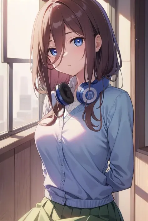 mikunakano, <lora:mikunakanotest:1>, miku nakano, long hair, bangs, blue eyes, brown hair, shirt, hair between eyes, headphones, cardigan, headphones around neck,
BREAK skirt, shirt, long sleeves, white shirt, pantyhose, pleated skirt, black pantyhose, cardigan, green skirt, blue cardigan,
BREAK indoors, classroom,
BREAK looking at viewer, BREAK <lora:GoodHands-vanilla:1>, (masterpiece:1.2), best quality, high resolution, unity 8k wallpaper, (illustration:0.8), (beautiful detailed eyes:1.6), extremely detailed face, perfect lighting, extremely detailed CG, (perfect hands, perfect anatomy),