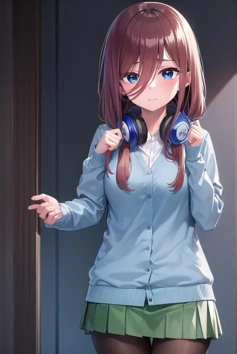 mikunakano, <lora:mikunakano-lora-nochekaiser:1>, 
miku nakano, long hair, bangs, blue eyes, brown hair, shirt, hair between eyes, headphones, cardigan, headphones around neck, <lora:yudedako_v100:1>, embarrassed,
BREAK skirt, shirt, long sleeves, white shirt, pantyhose, pleated skirt, black pantyhose, cardigan, green skirt, blue cardigan,
BREAK looking at viewer,
BREAK indoors, classroom,
BREAK <lyco:GoodHands-beta2:1>, (masterpiece:1.2), best quality, high resolution, unity 8k wallpaper, (illustration:0.8), (beautiful detailed eyes:1.6), extremely detailed face, perfect lighting, extremely detailed CG, (perfect hands, perfect anatomy),