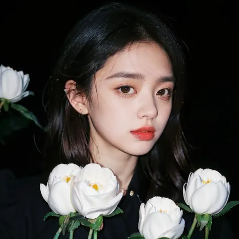 <lora:epi_noiseoffset2:1>,dimly lit,low key,<lora:RenhangFlash:0.7>,film photo,90s flash photo:1.6),perfect girl,Outdoor,(night:1.5 ),portrait,Dark background color,red jacket,(White Flowers On Black Background:1.5),