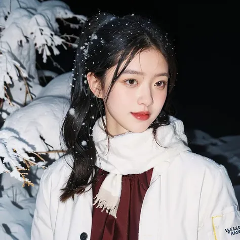 <lora:epi_noiseoffset2:1>,dimly lit,low key,<lora:RenhangFlash:0.7>,film photo,90s flash photo:1.6),perfect girl,Outdoor,(night:1.5 ),portrait,Dark background color,snow scene,overexposure,(snowing:1.5),forest,print_scarf,white windbreaker,winter_coat,(deforestation:1.2),evening,black background,grin,white_skin,pale_skin,high ponytail,
