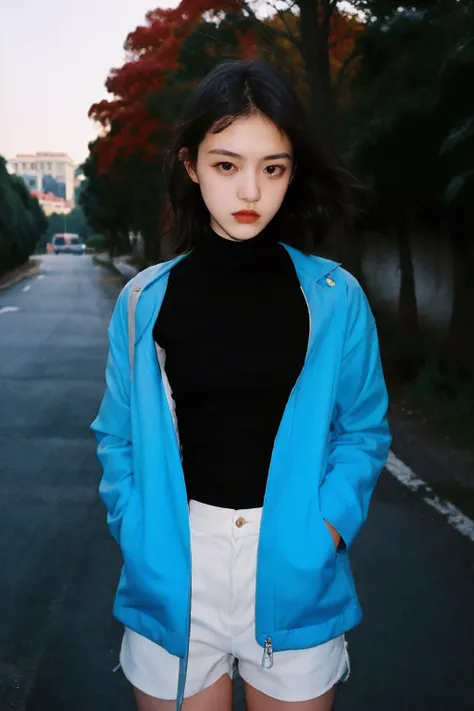 90s flash photo, empty road, beautiful girl in blue sport jacket, serious face, in front of camera, best quality, masterpiece, raw photo, film photo, Renhang, <lora:epiNoiseoffset_v2:1.5>