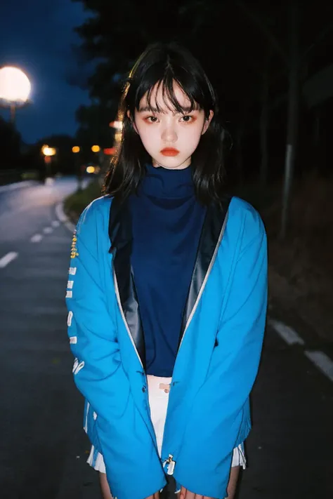 90s flash photo, empty road, beautiful girl in blue sport jacket, serious face, in front of camera, best quality, masterpiece, raw photo, film photo, Renhang, <lora:epiNoiseoffset_v2:1.5>