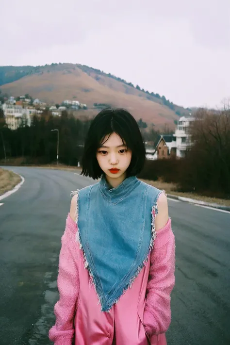 90s flash photo, empty road, beautiful girl, sin front of camera, best quality, masterpiece, raw photo, film photo, Renhang, <lora:epiNoiseoffset_v2:1.5>,