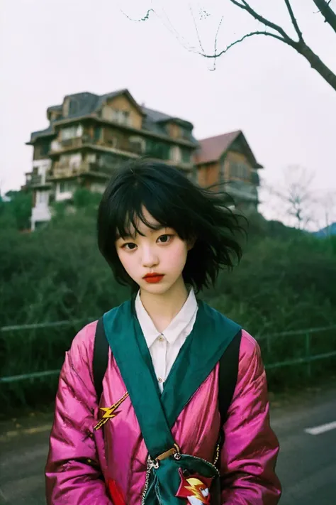 masterpiece, raw photo, film photo,   90s flash photo, 1girl, empty road, beautiful girl, sin front of camera, best quality, <lora:Renhang_20230622161247:0.85>, Renhang, <lora:epiNoiseoffset_v2:1.5>,