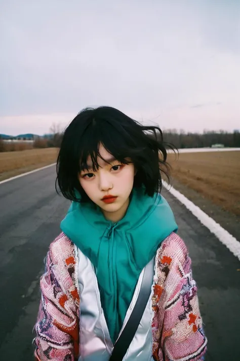90s flash photo, empty road, beautiful girl, sin front of camera, best quality, masterpiece, raw photo, film photo, Renhang, <lora:epiNoiseoffset_v2:1.5>,