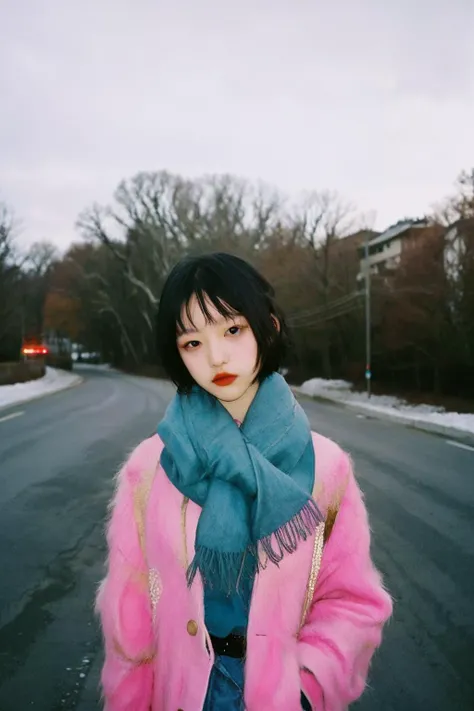 90s flash photo, empty road, beautiful girl, sin front of camera, best quality, masterpiece, raw photo, film photo, Renhang, <lora:epiNoiseoffset_v2:1.5>,