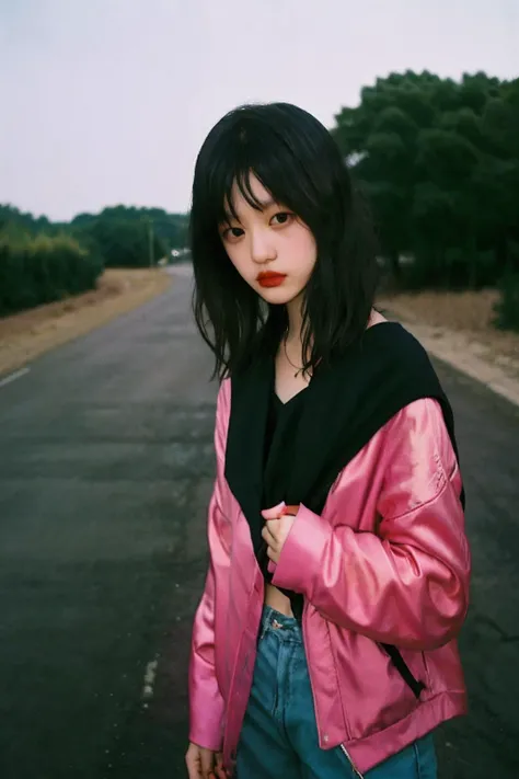 90s flash photo, empty road, beautiful girl, sin front of camera, best quality, masterpiece, raw photo, film photo, <lora:Renhang_20230622161247:0.85>, Renhang, <lora:epiNoiseoffset_v2:1.5>,